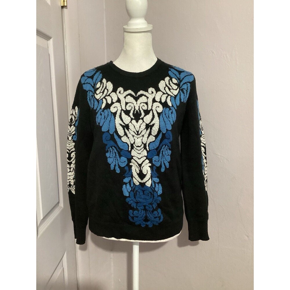 Etam Paris Black Blue Printed Wool Blend Pullover Sweater Crewneck